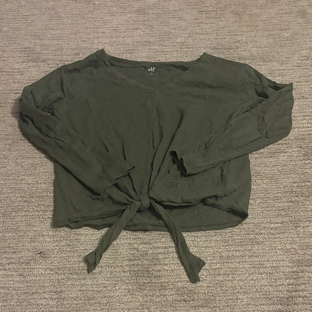 GAP Olive Long Sleeve Tie-Front Crop Top
